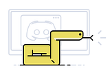 a python[yellow] in front of a monitor with a window with the discord logo