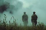 Two combat soldiers seen from the back in silhouette trudge into a misty — smoke-filled landscape.