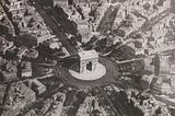 Aerial view of Place d’Etoile, Paris, France. Black and white.