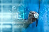 An image that reads: ‘AI’ with icons and a medical professional holding a stethescope