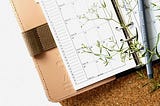 A monthly planner in a brown leather case, with a grey pen on it and a plant over it.