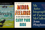 Banner with 3 book covers: The Best of Brevity edited by Zoë Bossierea and Dinty W. Moore, Minor Feelings by Cathy Park Hong,