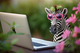 A zebra impersonating a web developer working on its desk, glasses on, browsing on its computer with a look of focus and amusement.