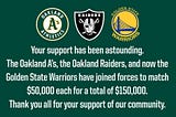 The A's, along with their stadium mates the Raiders, and their Bay Area friends the Warriors, came together to spearhead the fundraising efforts for the Oakland fire victims. Image via the A's