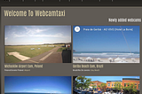 A screenshot of the WebcamTaxi website homepage displaying live webcam feeds from various locations around the world. The screen shows four different webcam views: Michałków Airport in Poland, Geribá Beach in Brazil, a sandy beach with blue skies, and a busy street with parked cars in a city setting.