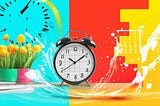 Digital illustration of a clock surrounded by bright colors and a vase of flowers