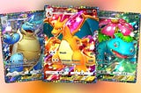 A Blastoise ex, a Charizard ex, and a Venusaur ex card.