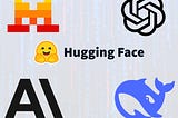 Logos from several AI services on a background of faded code.