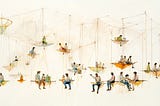A decorative image of people sitting on swings hanging from a web of interconnected strings.