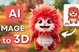 AI Image to 3D. There is a cute red white comic character smiling and an arrow on the right with the same picture (JPG). The picture shows how this stunning 3d model of the character was generated by a single picture