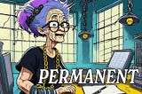 Ai generated a cartoon of a very old looking woman, chained to a desk. she is in a decaying workplace of the future. her hair is blue, yellow and purple. she is wearing a black t-shirt. a clock on the wall shows the passage of much time. She doesn’t appear particularly pleased about her situation. The word ‘PERMANENT’ sits over the image.