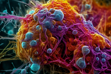 A cancer cell being attacked by nanoparticles — Author/Midjourney