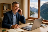 A middle-aged dude looking pleased in a home office on a mobile phone and laptop with a beautiful view out the window.
