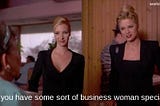 Lisa Kudrow as Michele and Mira Sorvino as Romy dressed as “business women”, Romy and Michele’s High School Reunion