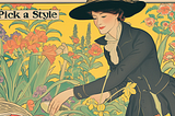 We can now pick an image and ask the bot to replicate the image’s style using Style References. /imagine prompt: text “Pick a Style”::20 an illustration of a lady in a garden — sref https://s.mj.run/4TlOYq_GjCc — v 6.0 — ar 16:9 — Upscaled (Subtle)