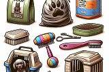 a variety of pet products including a poop bag, cat litter, an indestructible chew toy, pet furniture, and grooming supplies