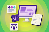 A vibrant illustration representing an enterprise design system, featuring a central desktop monitor displaying a structured UI layout in purple tones, surrounded by four floating cards: a color palette with purple, pink, and teal swatches; a dark purple code tag icon; a vector pen tool icon; and a documentation/pattern card with dotted and lined content. The whole composition sits against a bright green radial gradient background, visually conveying the core pillars of a design system: color, c