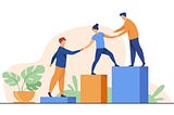 Three people help each other step up onto rising platforms, holding hands to support balance.