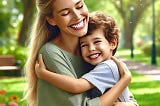 Mother hugging her ADHD son in a park celebrating a small accomplishment.
