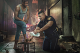 This is a photo illustration of a white police officer washing the feet of a street person of colour, as discussed by John G. Stackhouse, Jr.