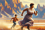 In the photo, one middle-aged stocky  woman with a child are illustrated running energetically in a landscape and The Kaluts of Shahdad which is a desert formations in the Lut Desert, Kerman Province in Iran in the background, rendered with bold, dramatic brush strokes and vibrant colors. The woman has pixie cut hairstyle and is wearing a lace dress