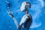 An artistic impression of a humanoid robot thoughtfully examining bubbles