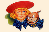 Buster Brown and his dog Tige wearing blue satin bows around their necks.