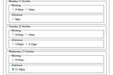 Screenshot of nested fieldset used for appointment times. The most outer fieldset is date and time. Nested inside that is a fieldset for each day. Nested inside that is a fieldset for morning and afternoon fieldsets. Within those fieldsets are radio buttons for each time.