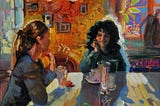 Uma pintura de duas mulheres conversando, apoiadas em uma mesa.