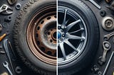 An old tire on the half, then a new tire on the other half of the image.