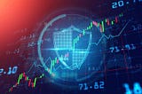 An illustration of a digital shield surrounded by charts and numbers, symbolizing cybersecurity and financial data protection.