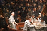 A painting of a crowd of medical students observing a dissection.