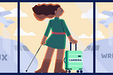 Ilustração de uma mulher ruiva com vestido verde, segurando uma mala com a mão direita e uma bengala na mão esquerda. Ela está na sala de embarque de um aeroporto, em frente as janelas de vidro onde aparecem dois aviões estacionados com os nomes “UX”e “Writing”.