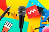 freelance tools intertwined with symbols of creativity like microphones, pens, and marketing graphics, against a dynamic, multi-panel background