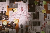 A typical fictional evidence board designed to answer the who, what, where, why and how questions of an investigation