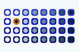 Several blue, white and black circular icons, and one orange and black star icon