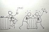 Rough pen sketch of 3 stick figures. The one with an M on their shirt is drinking orange juice at a bar, while 2 more with V and E on their shirts are arm wrestling. The E shirted one is trying to wrangle C-c C-t with their free hand.