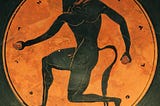 An ancient Greek black-figure vase depicting the Minotaur. The Minotaur, a creature with the body of a man and the head of a bull, is shown kneeling with arms outstretched, set against an orange background.