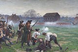 painting of revolutionary colonial soldiers firing at the redcoats across a green
