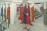 An image ofGeorge Tooker’s, The Subway. In it, a woman in a red dress looks lost and scared in an endless, maze-like train station.