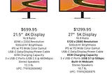 LG 4k and 5K Displays with USB-C for Apple Laptops Feature Comparison Image. LG 22MD4KA-B.AUSA and LG 27MD5KA-B.AUSA