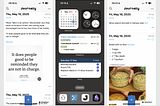 Screenshot of three iPhone screens: two standard Journelly entries with a bread recipe and a quote, plus an iPhone home screen showing Calendar, Clock, and a Beorg widget, with the Calendar, Workflowy, Journelly, and Obsidian icons in the dock