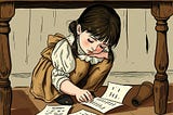 Illustration in sepia tones of young, dark-haired girl under a table with paper scraps.