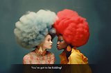 This image was created in Midjourney V5.2 and then imported into V6 to include text at the bottom. No post-production edit. No photoshop. /imagine prompt: a whimsical photograph of two women with large afro head gossiping, in the style of irving penn, afro-caribbean influence, hans memling, 1960s, child-like innocence, dynamic colors — v 6.0 — ar 16:9 — Vary (Region) A text box at the bottom area “You’ve got to be kidding!”::50