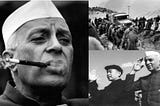 Jawaharlal Nehru from left to right:- Nehru smoking cigar, Nehru between refugees and Nehru saluting Indian Flag
