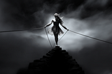 A monochrome image of a woman in a dress walking on a tightrope high above a stairway, with dark clouds in the background.