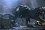 The Tyrannosaur blasts through the electric fence in Jurassic Park.