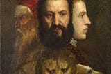 La “Allégorie de la Prudence” (c. 1550–1565) par Titien et ses assistants, à la National Gallery de Londres, montre trois têtes humaines (jeunesse, maturité, vieillesse) au-dessus de têtes animales (loup, lion, chien) symbolisant le passé, le présent et le futur. Une inscription renforce le thème de la prudence : “du passé, le présent agit prudemment pour ne pas gâcher l’avenir”. Les interprétations varient entre allégorie de la prudence et réflexion sur le péché et l’expérience en art.