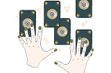 Digital illustration of two white hands and five face-down tarot cards.