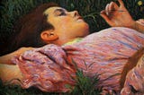 Woman in a floral dress holding flowers, painted in an impressionist style.
